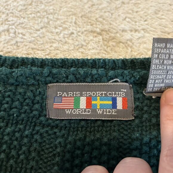 Vintage Sweater Small Green Waffle Chunky Knit Boxy Oversized V Neck Paris Sport - Picture 8 of 12